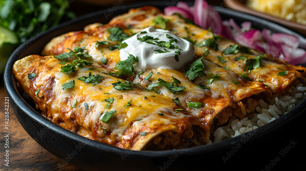 Chicken enchiladas with cheese, sour cream, and a side of rice