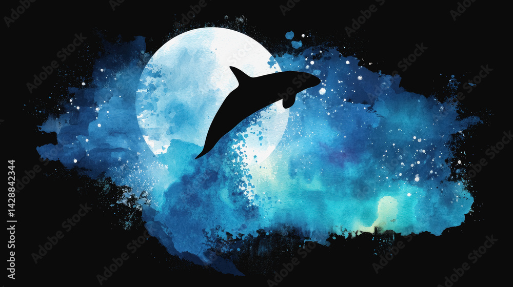 Fototapeta premium A majestic orca breaching the surface of ethereal water under the enchanting moonlight in a serene ocean scene