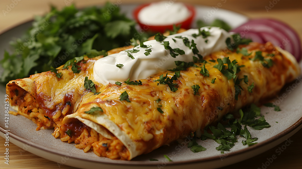 Chicken enchiladas with cheese, sour cream, and a side of rice