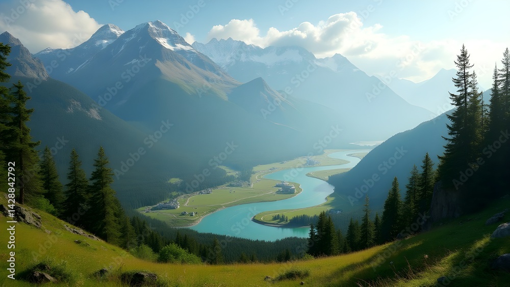 Fototapeta premium Scenic Mountain Valley with River View and Evergreen Trees