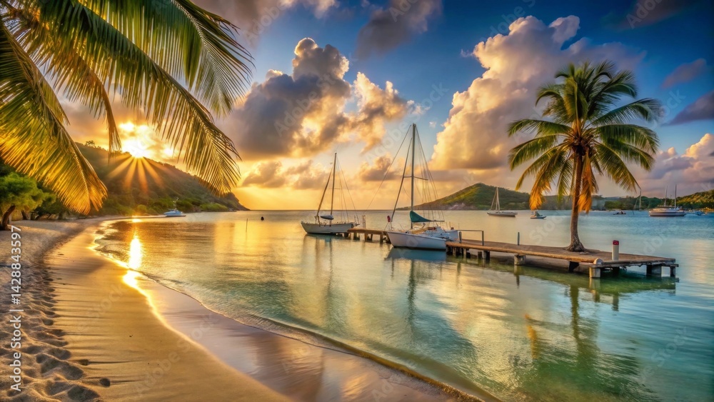 Obraz premium Golden Hour Serenity Tropical Beach Sunset with Sailboats Moored at a Wooden Dock