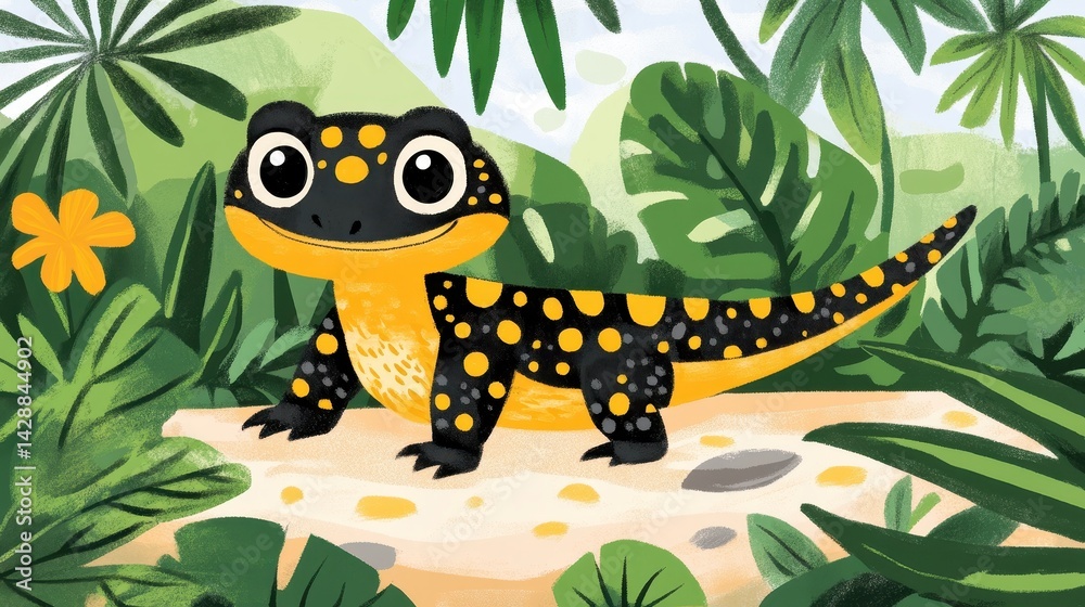 Fototapeta premium Smiling lizard in a lush tropical environment.