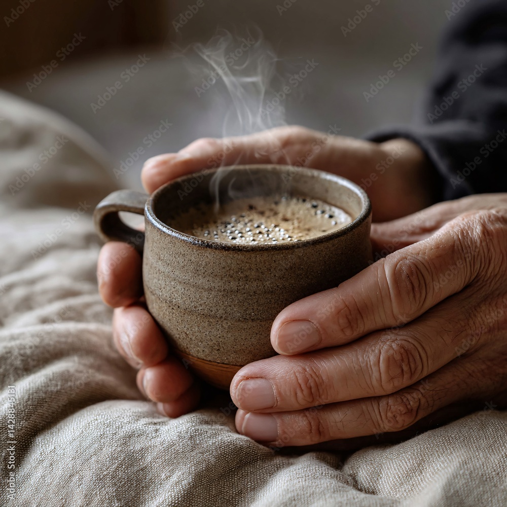 Cozy cup of steaming coffee held in hands on a soft blanket for relaxation and warmth