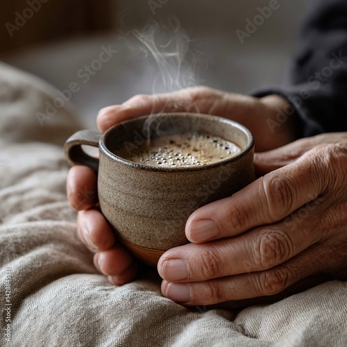 Obraz na płótnie Cozy cup of steaming coffee held in hands on a soft blanket for relaxation and warmth w salonie