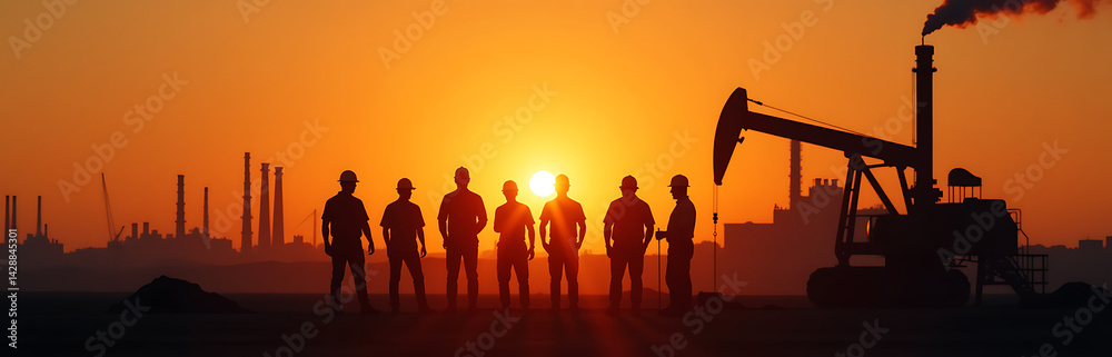 Silhouette Of Workers During Sunrise At An Industrial Site For Labor Day