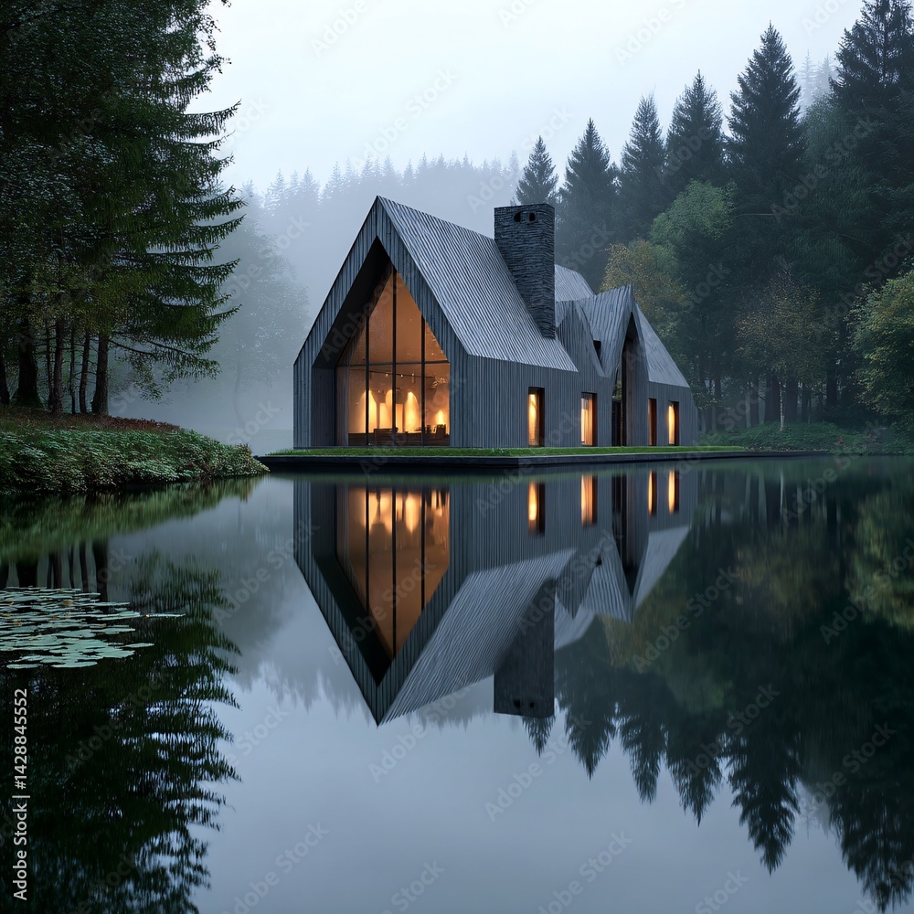 Modern architecture of a serene house by a calm lake surrounded by misty forest landscape