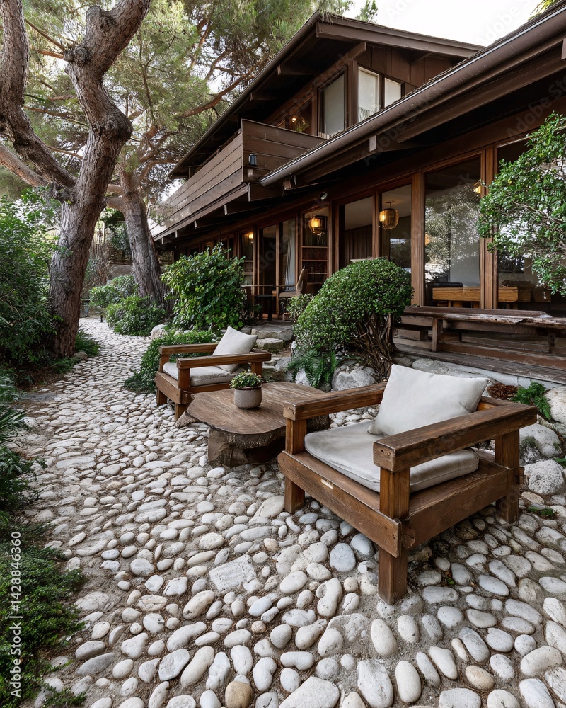 Cozy Rustic Patio with Stone Pathway and Wooden Chairs in Serene Outdoor Environment