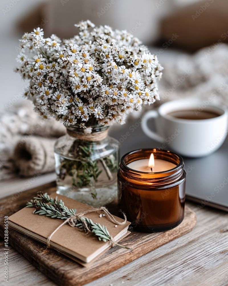 Cozy Home Setting with Flowers, Candle, Notebook, and Coffee on a Wooden Table