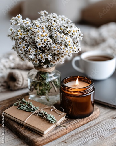 Obraz na płótnie Cozy Home Setting with Flowers, Candle, Notebook, and Coffee on a Wooden Table w salonie