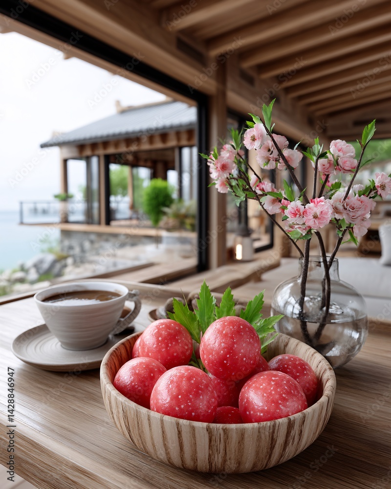 Fresh Fruits and Floral Arrangement in Modern Interior with Scenic View