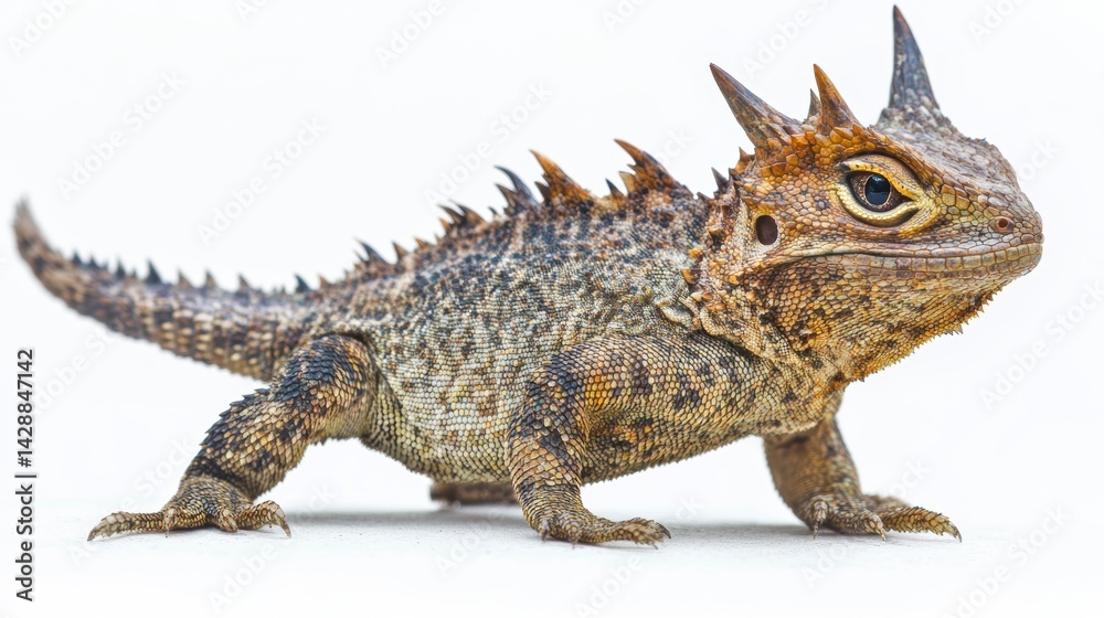 Fototapeta premium A horned lizard, with spiky scales and a textured skin, is shown in profile view against a white background.