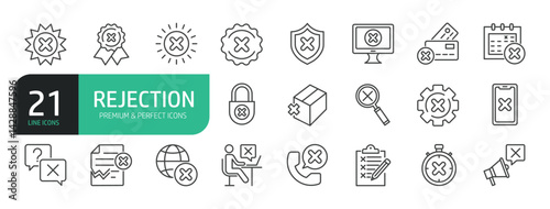 Set Of Rejection Line Icons. Contains such icons as Cross Shape, Rejection, Failure, Cancel, Privacy, Alertness, Delete Key,  Forbidden, and more.
