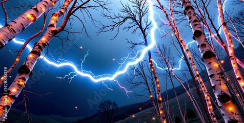 A sudden lightning strike in a birch forest, captured mid flash, tree bark flying