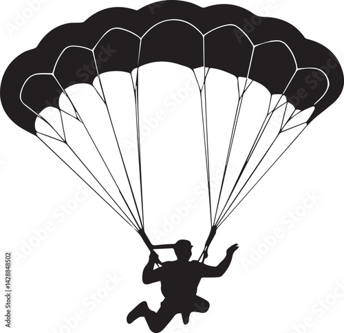 Parachutist silhouette vector illustration isolated on white background. Parachutist flying with parachute.