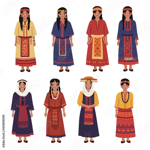 Women in Traditional Folk Costumes Character Set