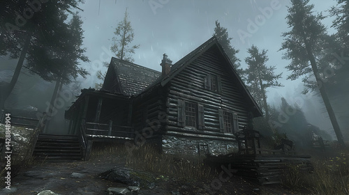 Dark Grey Log Cabin In Snowy Forest