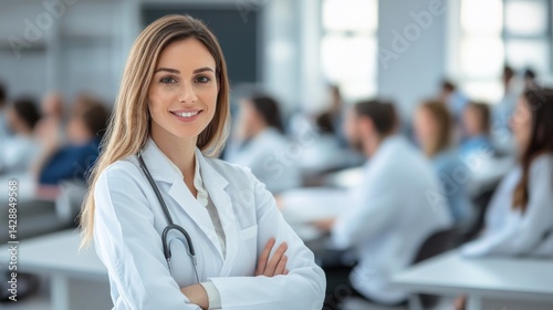 portrait of a confident young female doctor with stethoscope in white coat standing arms crossed smiling gently in a modern medical education room full of student doctors