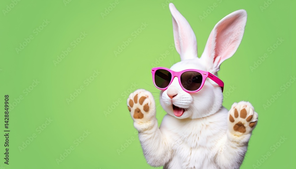 Obraz premium Funny rabbit wearing sunglasses enjoying a sunny day against green background 