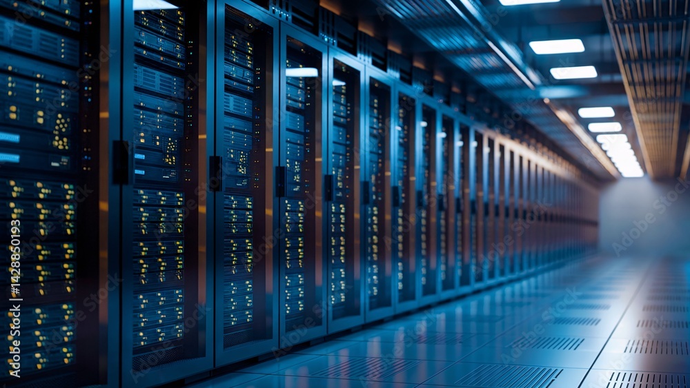 Modern Data Center with Rows of Server Racks and Blue Lighting Modern Data Center with Rows of Server Racks and Blue Lighting