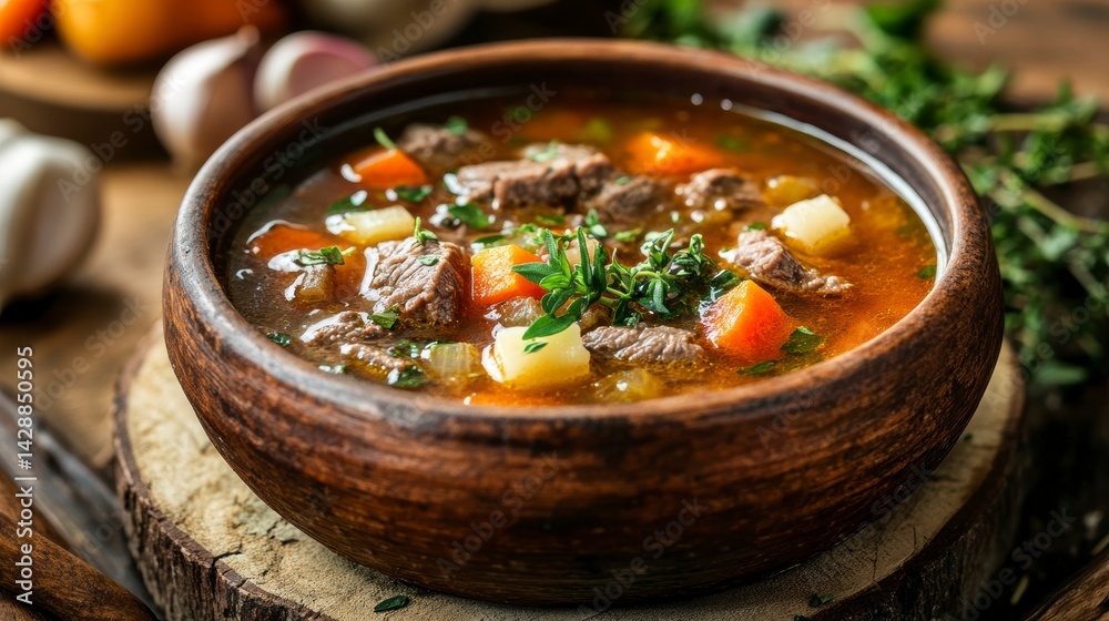 Hearty beef stew in rustic bowl with carrots, potatoes, and herbs. Hearty beef stew in rustic bowl with carrots, potatoes, and herbs.