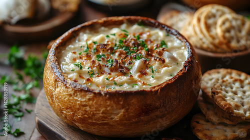 Clam chowder served in a bread bowl with crackers on the side