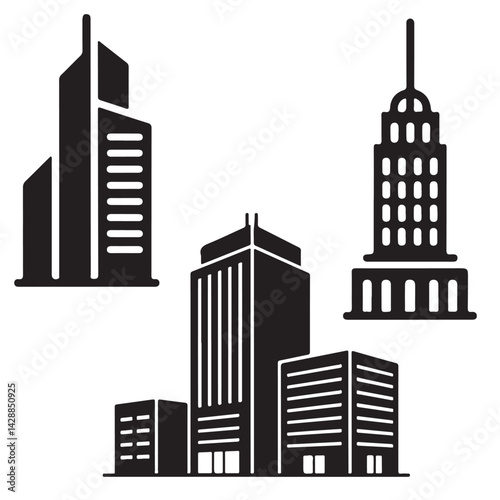 set vector various Buildings icon and office icon silhouettes