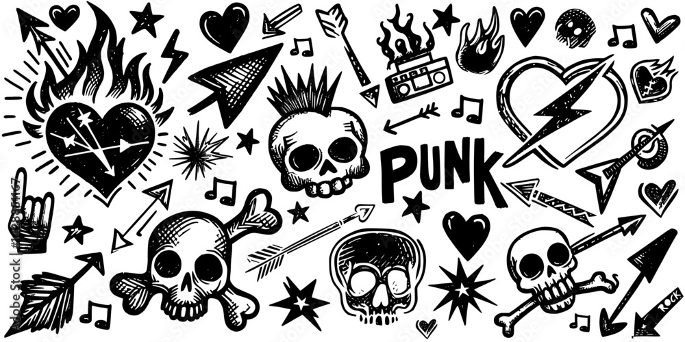 Fototapeta premium Punk Rock Doodle Art - Skulls, Hearts, and Symbols, black-and-white doodle illustration features various punk rock-themed elements, including skulls, hearts, arrows, stars, musical notes, and the word