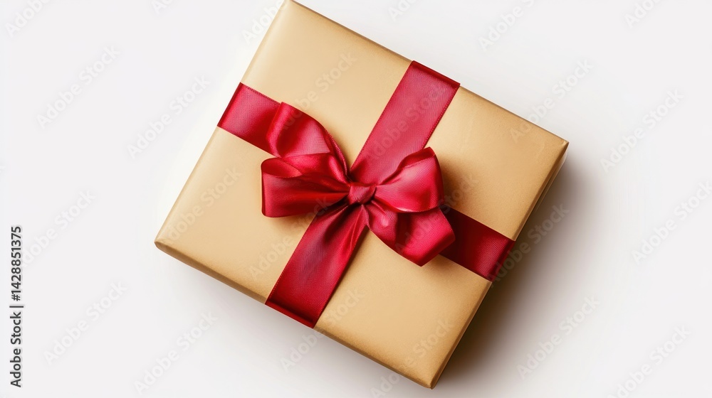 elegantly wrapped present with a luxurious golden paper and a vibrant crimson bow symbolizing celebration and generosity isolated against a seamless white background elegantly wrapped present with a luxurious golden paper and a vibrant crimson bow symbolizing celebration and generosity isolated against a seamless white background