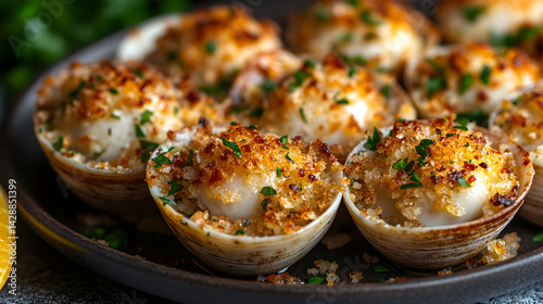 Clams casino baked with garlic, breadcrumbs, and bacon served on a plate