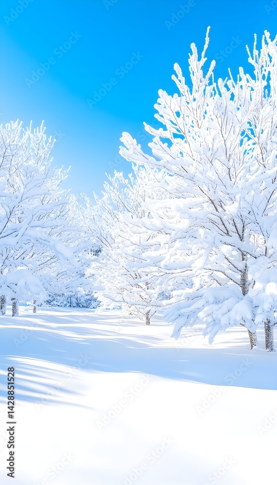 Snow-covered trees under a vibrant blue sky on a sunny winter day Snow-covered trees under a vibrant blue sky on a sunny winter day