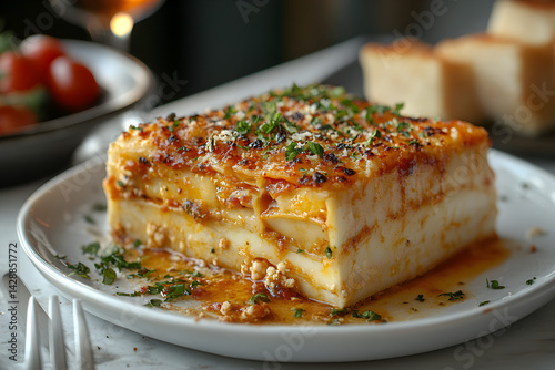 Obraz na płótnie Classic Italian lasagna served on a white plate with extra parmesan w salonie