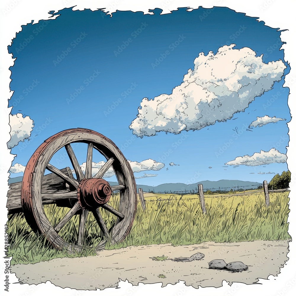 Fototapeta premium Rustic Wooden Wagon Wheel in a Sunny Field