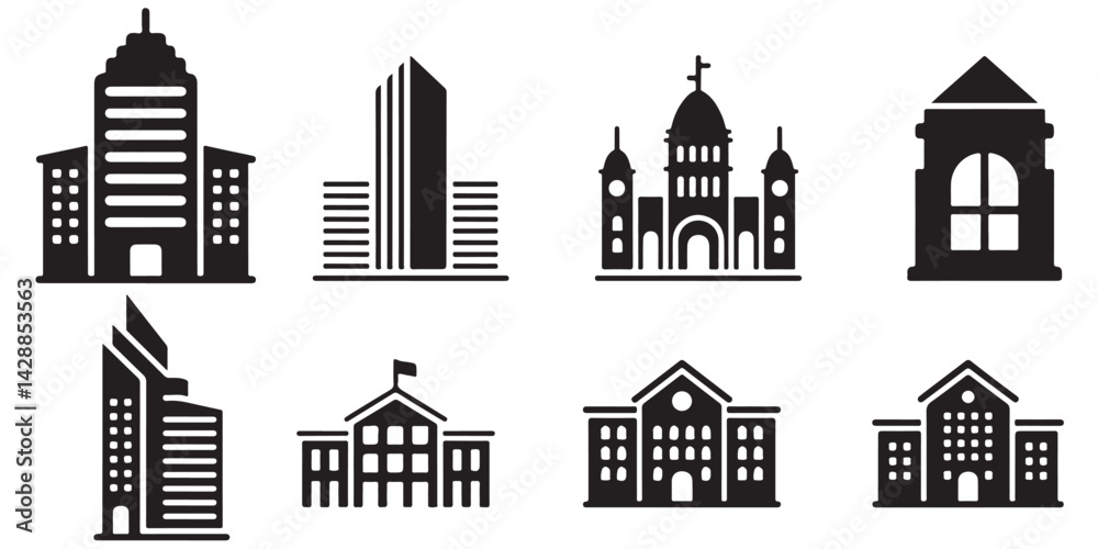 Fototapeta premium set vector various Buildings icon and office icon silhouettes