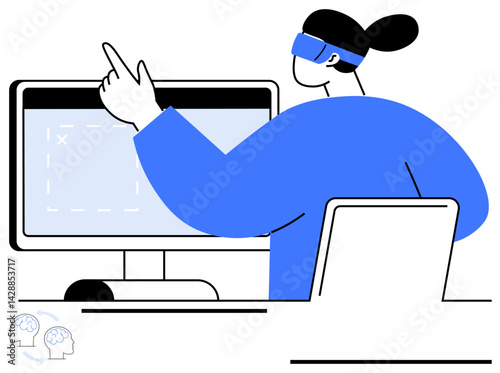 Individual wearing AR glasses points at design interface on desktop monitor for interaction. Ideal for technology, innovation, design, user interface, augmented reality, collaboration, simulation
