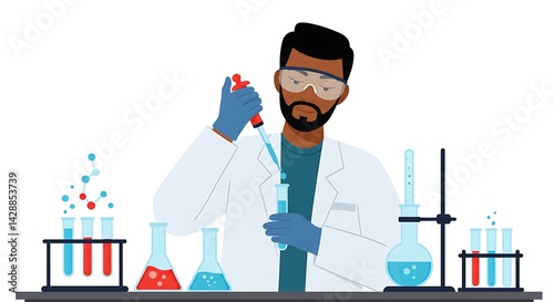 Illustration of scientist with pipette doing experiment in laboratory with tools photo