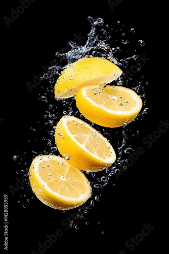 Four lemon slices falling through water splash, isolated on black