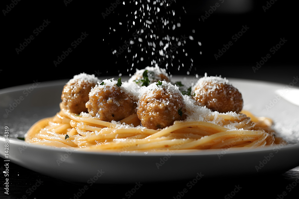 Classic spaghetti and meatballs served with a sprinkle of parmesan on top