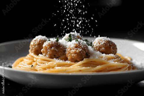 Obraz na płótnie Classic spaghetti and meatballs served with a sprinkle of parmesan on top w salonie