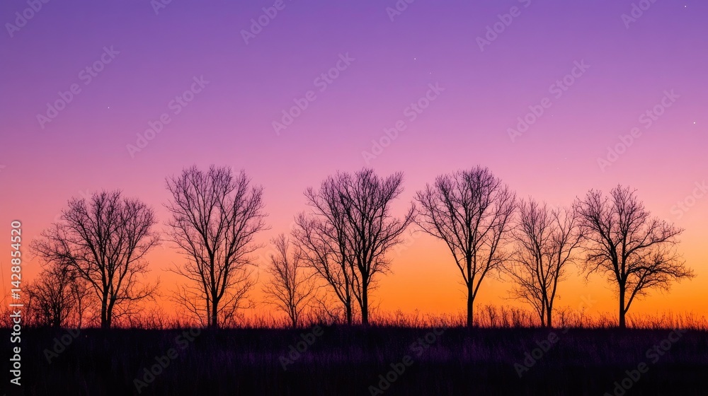 Fototapeta premium Silhouette of trees against vibrant sunset sky in peaceful rural landscape