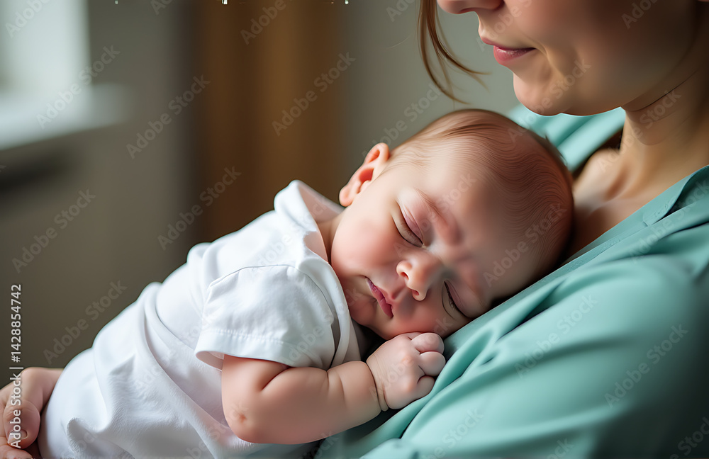Newborn Sleeping In Mothers Arms With Midwife Nearby