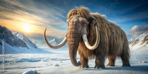 Majestic Woolly Mammoth in a Frosty Mountain Landscape at Sunset