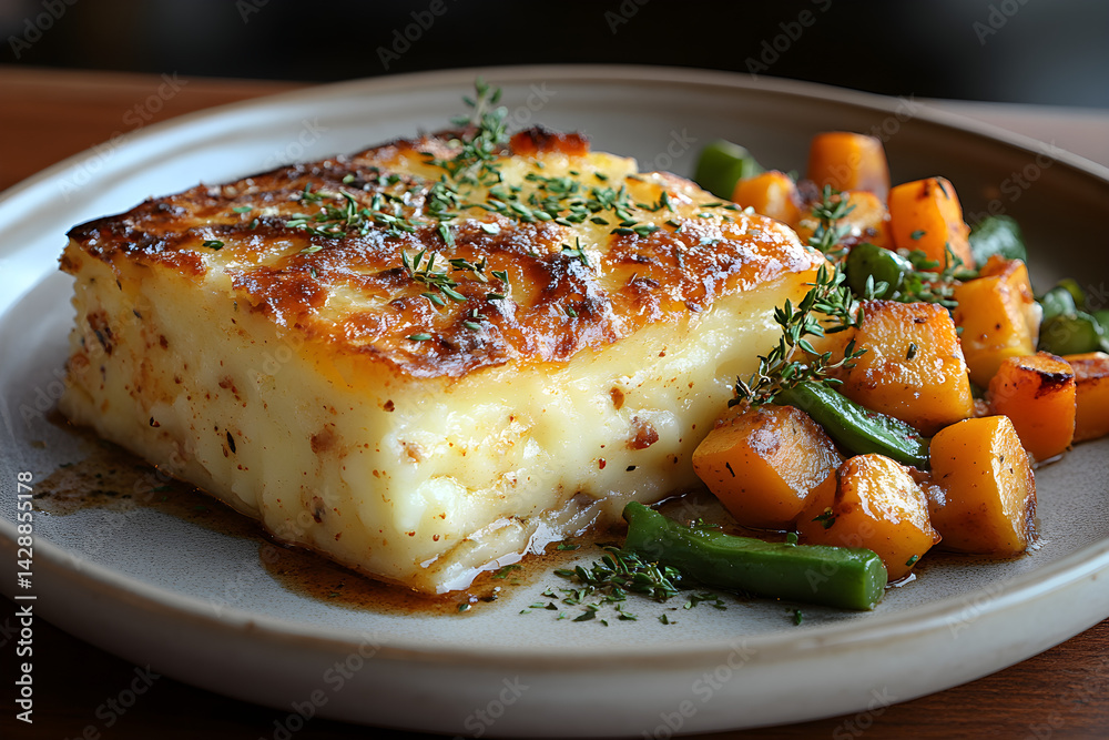 Close-up of a perfectly baked shepherd's pie on a plate with vegetables