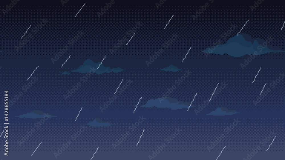 Pixel art rainy sky animation. Night dark blue animated background with rain drops and clouds. Seamless loop video.