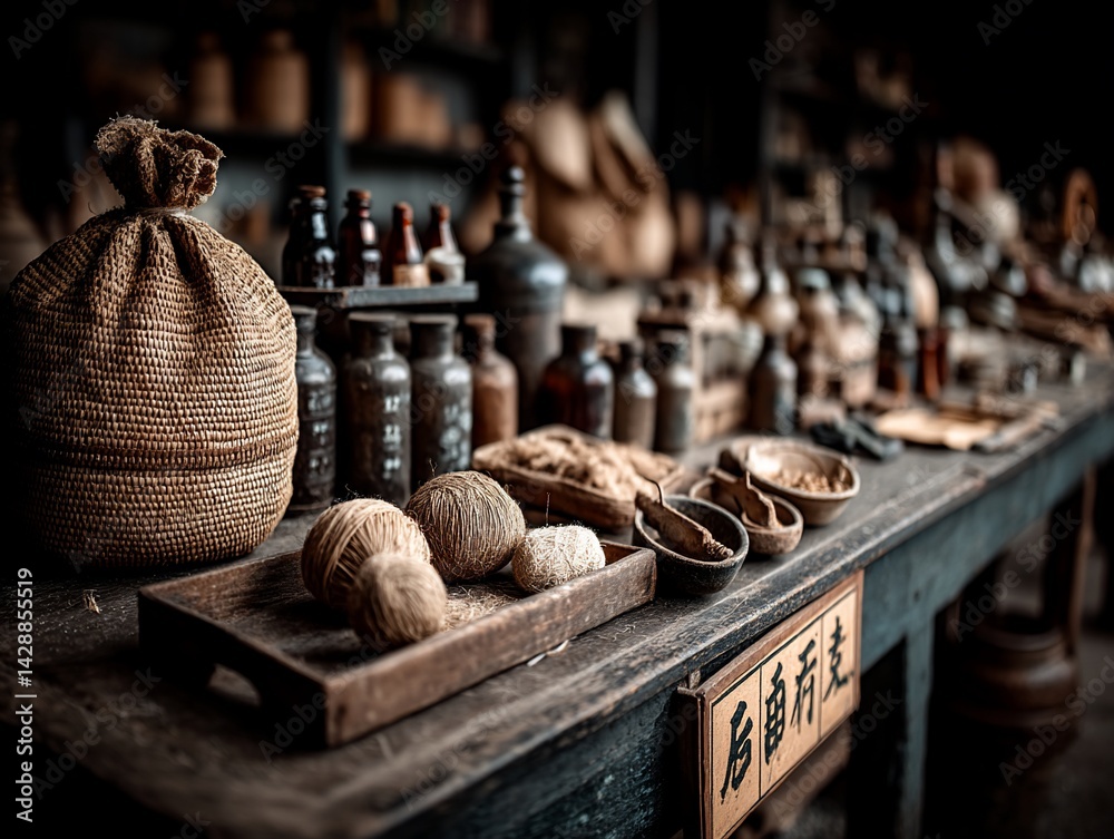 An antique apothecary table filled with vintage bottles, jars, and burlap bags