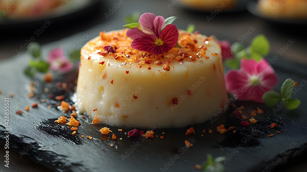 Coconut Pudding presented on a black textured surface with elegant side garnishing