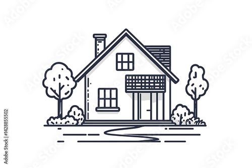 Simple House Outline With Trees & Bushes, Minimalist Dwelling, Real Estate Icon Design