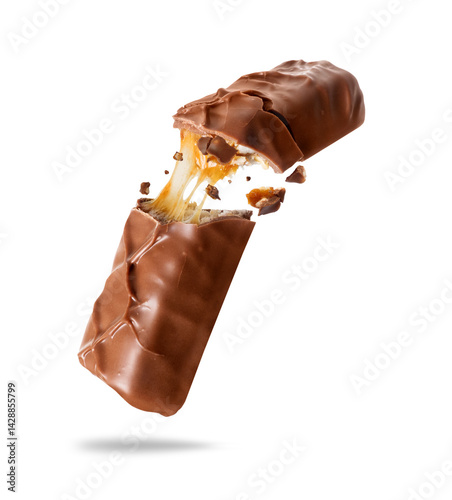 Chocolate bar with nuts crushed into two halves close up isolated on a white background.