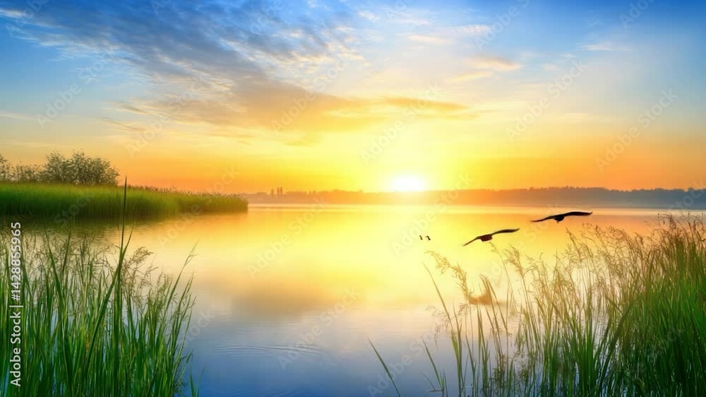 Sunrise over lake, birds flying