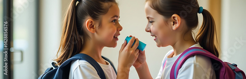 Obraz na płótnie Mother Checking Her Daughters Inhaler Before Going To School For World Asthma Day w salonie