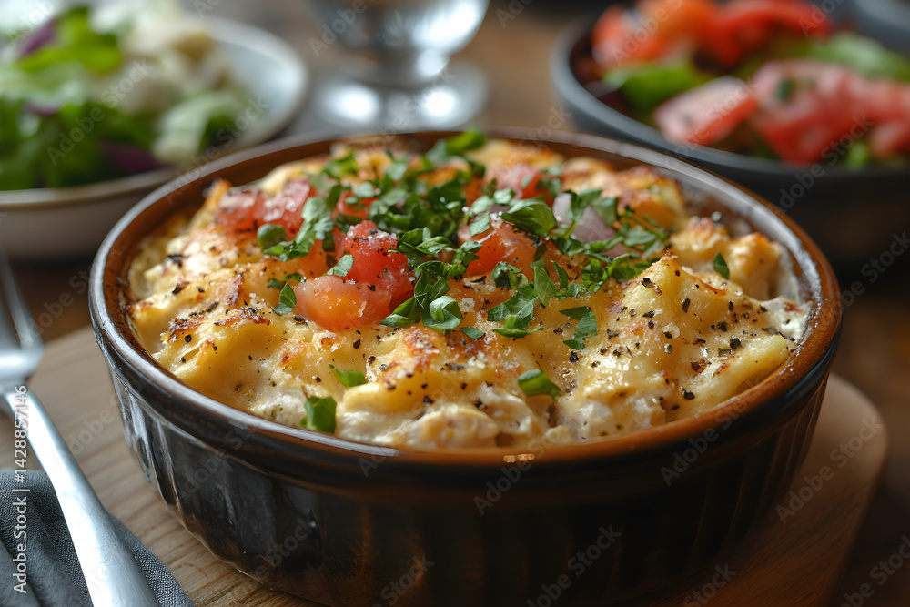 Comforting tuna casserole served in a ceramic dish with a side of salad